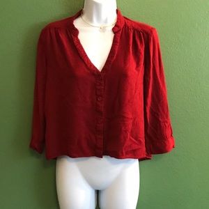 Red 3/4 Sleeve V-Neck Blouse